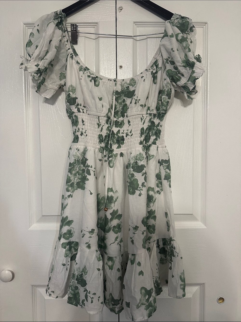 Smocked Puff-Sleeve Mini Dress in White with Green Floral Print